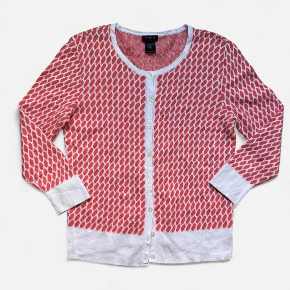 Ann Taylor Cardigan Sweater Women's S Coral Pink Orange White Cotton Preppy